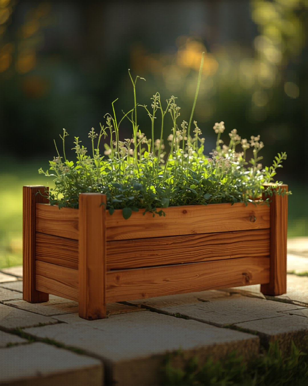 Classic cedar planter box filled with herbs on a patio